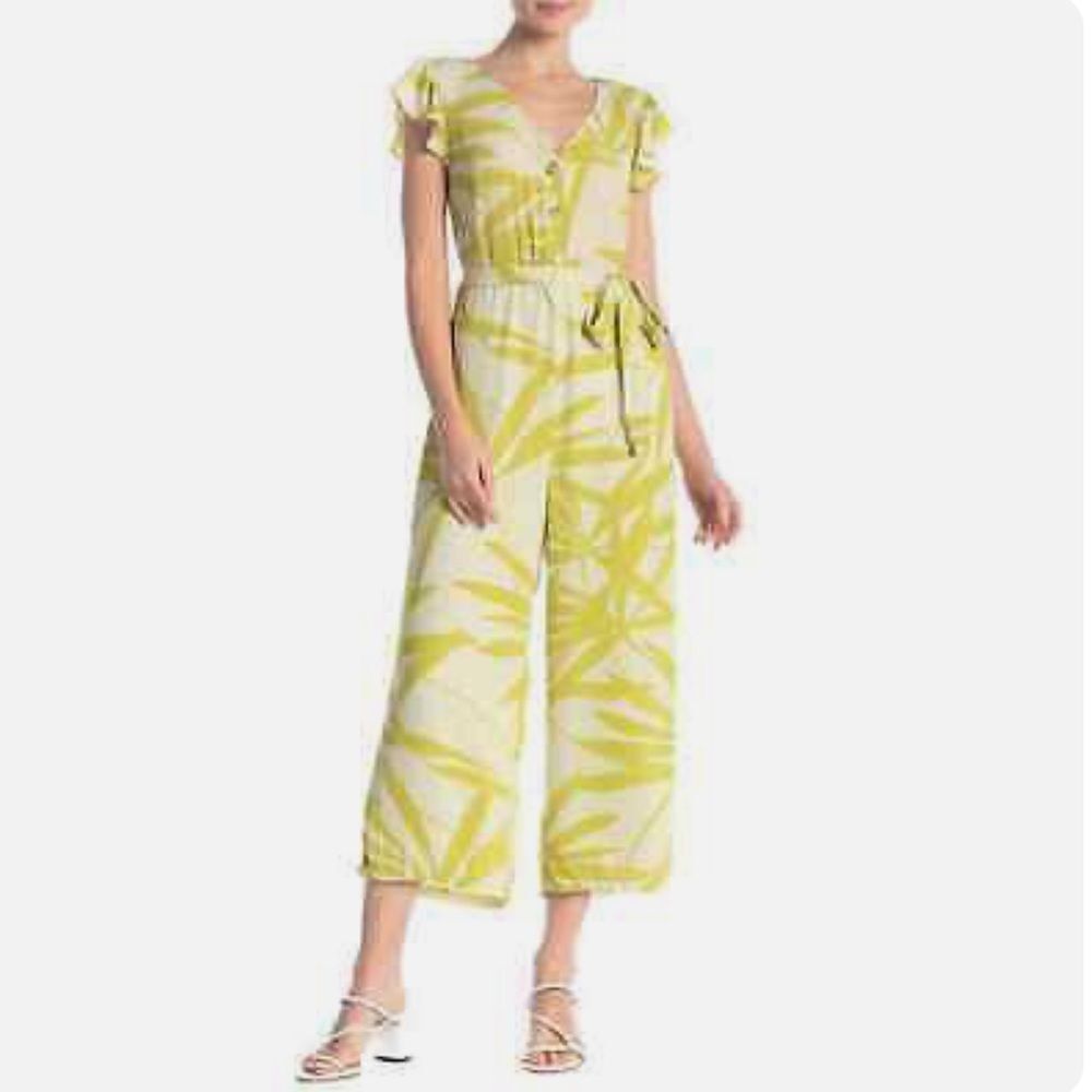 June & Hudson Jumpsuit Womens Plus Size 1X Chiffon leaf print Ruffle Belted MWT